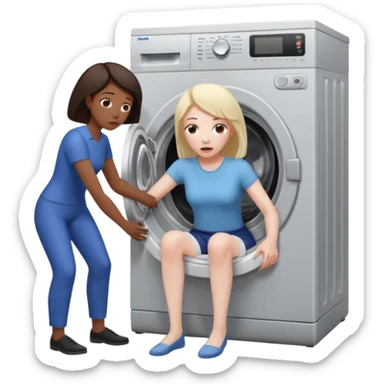 Eine Frau mit dem Kopf  in der Waschmaschine feststeckt und zwei Männer ziehen an ihren Beinen um ihr zu helfen  sticker