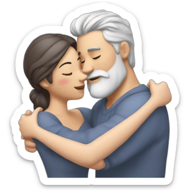 image of woman with dark brown hair kisses and hugs man with gray hair and white beard with floating hearts sticker