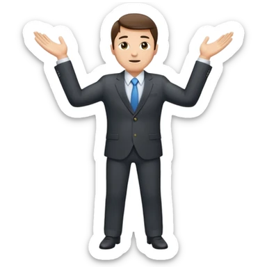Sticker of a man in a business suit, front view, both arms extended in front of his body at waist level, below chest, hands low near the stomach, elbows slightly bent, palms facing inward as if holding an invisible box, not raised, not upward sticker