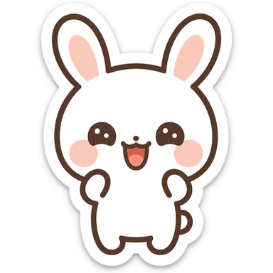 kawaii cartoon bunny, white with pink cheeks, big upright ears, pink ear insides, crescent eyes, laughing mouth, chibi style, clean lines, centered, flat colors, thick outlines, vector look, simplified shading, high-contrast expression, sticker-ready sticker