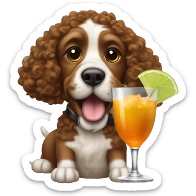 A dog with brown curly hair sipping a cocktail sticker