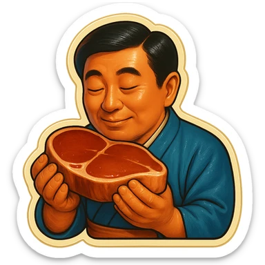 A Japanese man in traditional kimono with a loving look holds a steak in his hands, preparing to eat it sticker