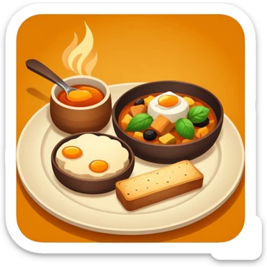 Homemade dishes on a plate, warm cozy colors, simple shapes, flat design, high contrast, friendly and inviting. sticker