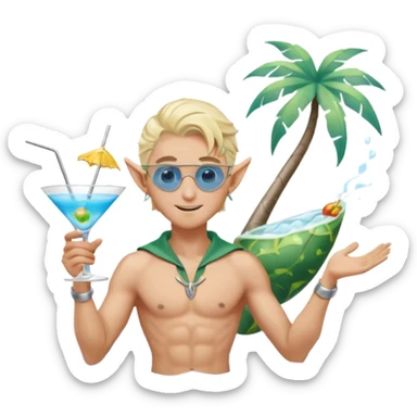 elf male legolas in stylish blue swim trunks, palm extended over cocktail glass, conjuring swirling frost and mist to chill it, silver aviator sunglasses, pointy ears, confident smirk, minimalist beach bar backdrop, centered emoji, summer magic sticker