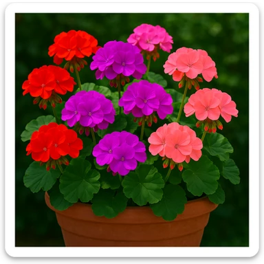 Add a flower pot under the geraniums, keep the vibrant style and colors, in a general style that supports editing. sticker