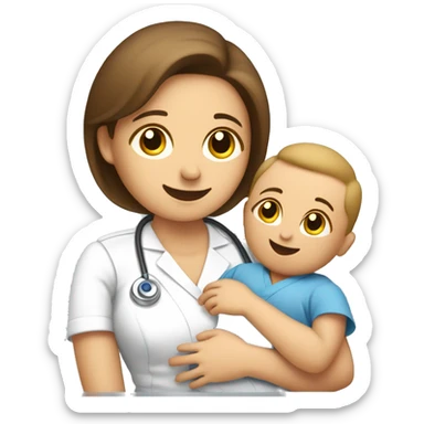 "Emoji of a male nurse explaining breastfeeding benefits to a new mother holding a baby" sticker