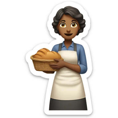 "A kind but worried woman in an apron, holding bread or a basket in a modest kitchen." sticker