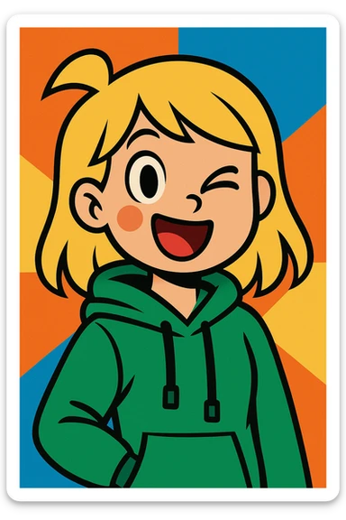 a blonde girl in a green hoodie winking sticker