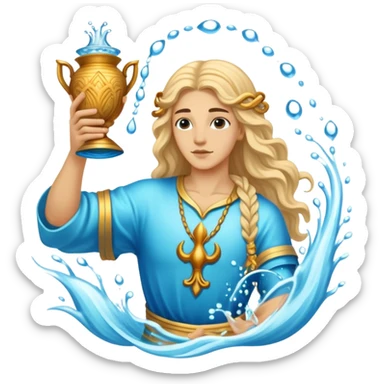 The zodiac symbol Aquarius. A mystical and beautiful water bearer, holding and pouring water from a large, intricate, and arcane vase into the sea sticker