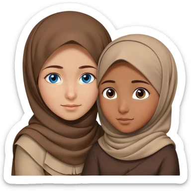 Turkish beautiful finish Konya girl blue eyes with brown beige hijab islamic dress and hugs with a boy brown haircut brother  sticker