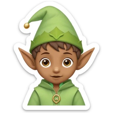 Tiny elf baby brown skin with pointy ears and hat, pastel green outfit,  sticker