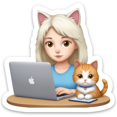 A girl is working hard on a laptop with a cat next to it sticker