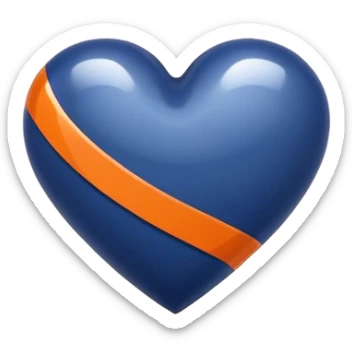 Glossy, sporty dark blue heart with diagonal white and orange athletic stripes going down one side sticker