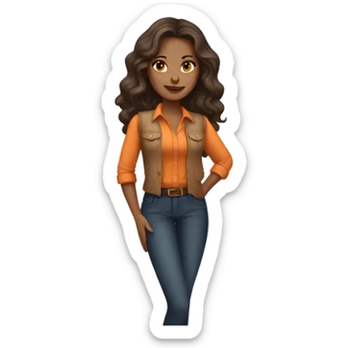 a charming tanned woman long wavy chocolate hair, caramel eyes, beige shirt, orange vest sticker