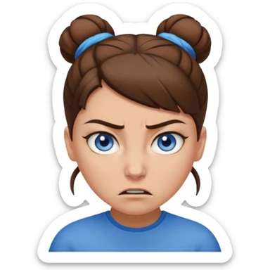 Girl with blue eyes, brown hair in a brown bun, no bangs, angry sticker