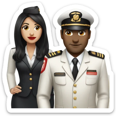 Flight attendant with long black hair, red lips and white skin with a pilot man with beige skin and black hair sticker