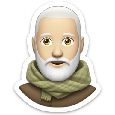 White head shaved man with a scarf on the back of the head wearing a beard sticker