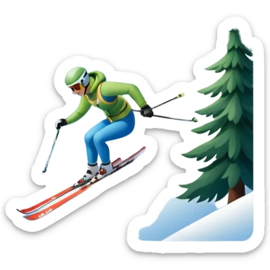 An icon featuring snowy peaks, pine trees, and a picturesque mountain landscape with a skier racing down a snow-covered slope. The sky is blue with soft clouds, capturing the thrill and beauty of alpine skiing. Transparent background highlights the excitement and serenity of winter sports. sticker