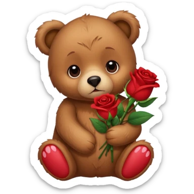 Cute bear with sad puppy dog eyes holding roses  sticker