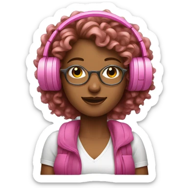 Long curly haired woman listening to music with pink headphones sticker