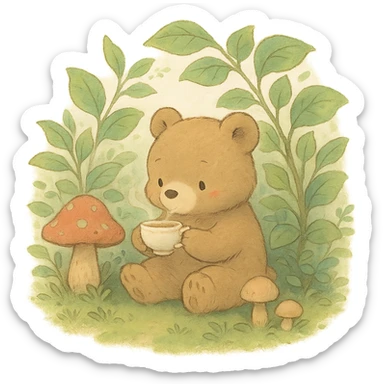 little bear sipping tea in the forest, surrounded by leaves and mushrooms, soft Ghibli style sticker