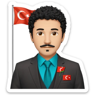 Black curly hair, messy and thrown forward, brown eyes, a goatee, thin mustache, wearing a suit. On the suit, there is a small Turkish flag detail on the chest, and on the other side of the chest, it says 'BST' — with 'B' in orange, 'S' in turquoise, and 'T' in navy blue. sticker