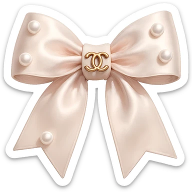 Remove the background, keep only the elegant bow with pearls and gold Chanel logo, glossy, pastel colors, realistic style, with no background. sticker