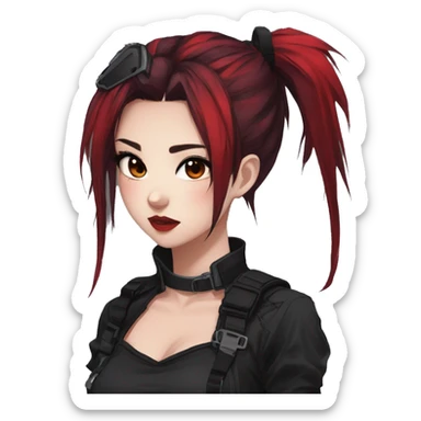 Gorgeous gothic dark techwear anime style tomboyish lady with blushing face aesthetic and pretty edgy black red punk messy ponytail hair with collar and harness trending style sticker
