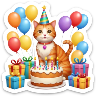 Ginger cat celebrates birthday, birthday hat, birthday cake, balloons, happy, gifts sticker
