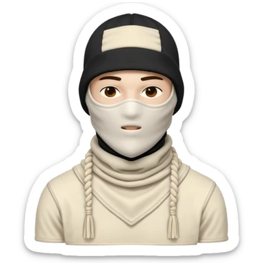 Ultra-detailed studio shot of a post-apocalyptic off-white balaclava — deconstructed, frayed, layered, with braided rope tassels and subtle embroidery. Minimalist white background, soft lighting, sharp focus. High-fashion streetwear aesthetic. The face of a person in a mask should not be visible sticker
