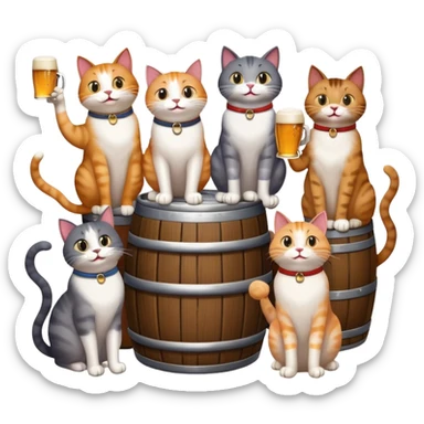 seven distinct cats standing around a beer keg, each cat drinking, all with goofy playful expressions sticker