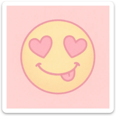 cute emoji, heart eyes, playful grin, pastel pink and yellow sticker