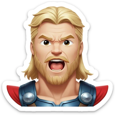 Cinematic Realistic Thor Portrait, head tilted slightly with a dramatic, wide-open yawn, revealing a relaxed yet powerful presence. The natural interplay of light accentuates his muscular contours and tender expression, balancing his legendary might with an unexpectedly human moment of repose. sticker