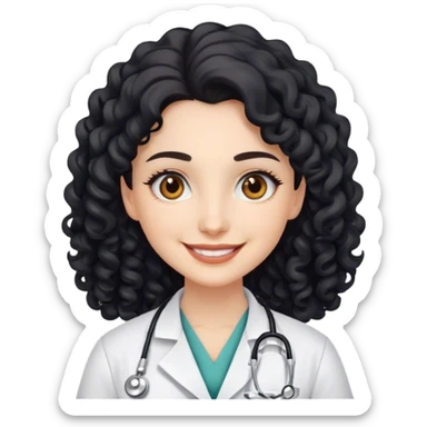 smiling doctor woman, brown eyes, white skin,  long black curly hair sticker