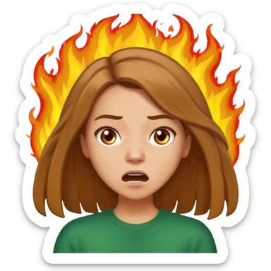 Woman with hair on fire looking stressed and panicked with brown shoulder length hair—longer hair please and light skin—an Irish gal sticker