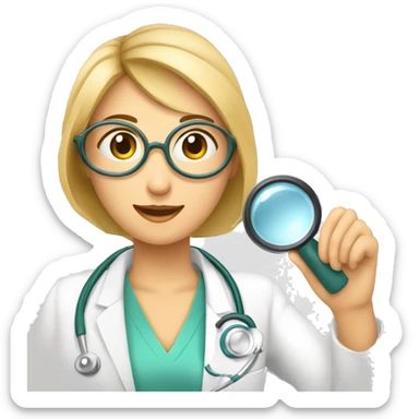 Dessine moi une image d'un docteur femme avec un stéthoscope autour du couen train de regarder dans une loupe comme un détective sticker