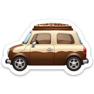 side view of a small car made from tiramisu, visible layers of coffee-soaked cake and mascarpone, dusted cocoa, cute and simple sticker