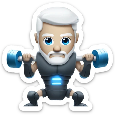 Bionic robot man with white hair and beard and blue human eyes flexing muscly arms and lifting weights   sticker