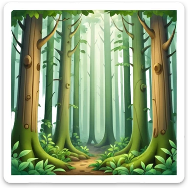 A dense woodland scene with overlapping trunks and misty atmosphere. sticker