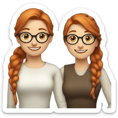 two nordic women designers being jolly, one with reddish hair, a ponytail and no glasses and the other with dark brown, no ponytail and glasses sticker