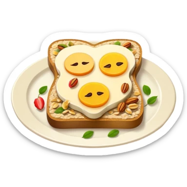 Vegetarian breakfast emoji illustration, flat iOS emoji style, toast, fruits, oatmeal, nuts, milk, no eggs, no meat, no fish, no non-vegetarian food, clean white background.” sticker
