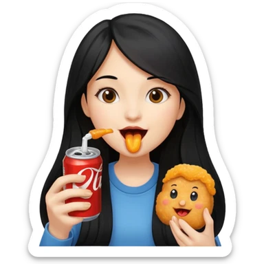 girl with long black hair eating with mouth on the chicken nugget and holding a soda can sticker