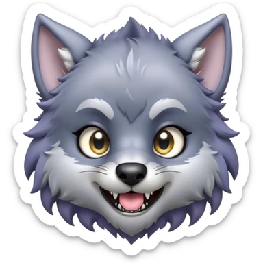 Cinematic Cute Werewolf Portrait Emoji, with a cuddly, miniature lupine form in soft moonlit grays and silvers, featuring oversized sparkling eyes and a sweet, endearing snarl, simplified yet irresistibly adorable, highly detailed with a gentle glowing outline that captures the playful, heartwarming essence of a little werewolf! sticker
