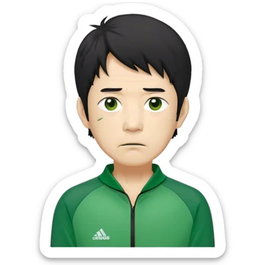 Seong Gi-hun : age 60, skinny and bony face, small mouth, unkempt black hair and tired eyes, Green player tracksuit. sticker