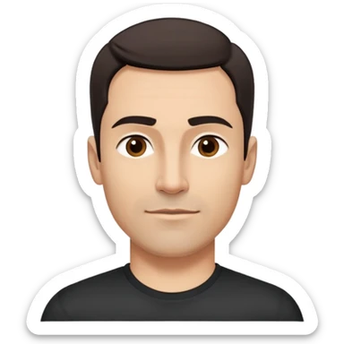 Attractive man in his 40s with youthful appearance, light brown skin, elongated face, defined jawline, medium dark eyes, arched eyebrows, straight nose, handsome friendly expression, short dark hair styled upward, athletic build, wearing a fitted black t-shirt sticker