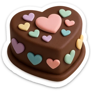 heart-shaped chocolate fondant cake with pastel fondant hearts, transparent background sticker