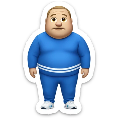 fat man in blue sweatsuit with white stripe using apple vision pro sticker