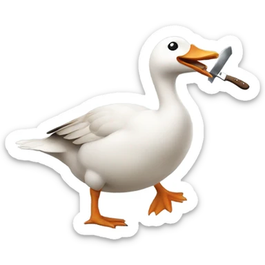Goose holding knife in its mouth and running sticker