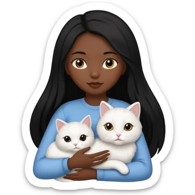 black girl with straight long black hair with a side part.  holding a female white cat sticker