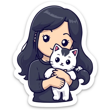 beautiful girl with long black hair holding a silver-colored cat sticker